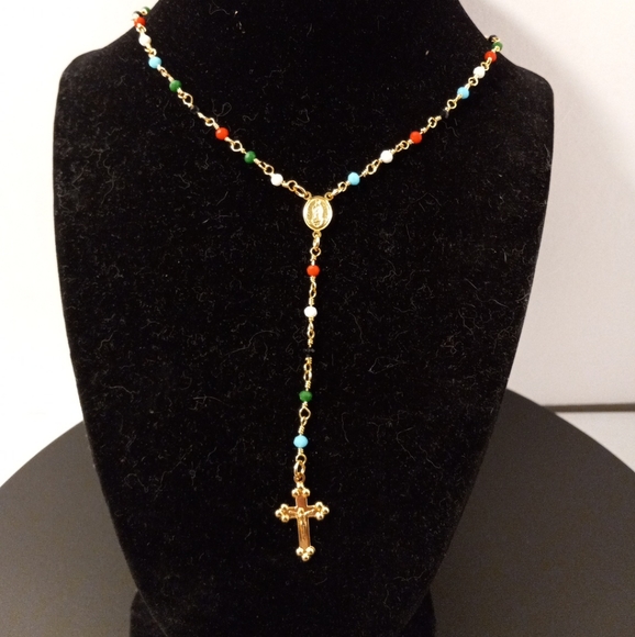 Source Unknown Jewelry - Rosary Azabache Beaded multicolor Gold Layered/ Oro Laminado Necklace NWOT